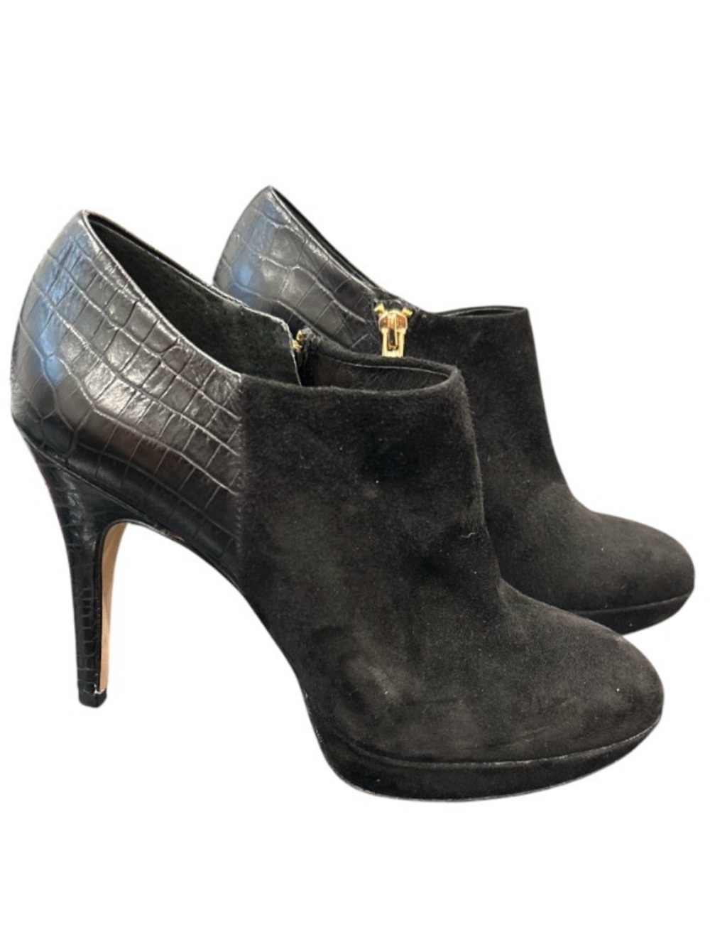 Vince Camuto Elvin Black Suede Croc-Embossed Platform Booties NWOT - Size 8B